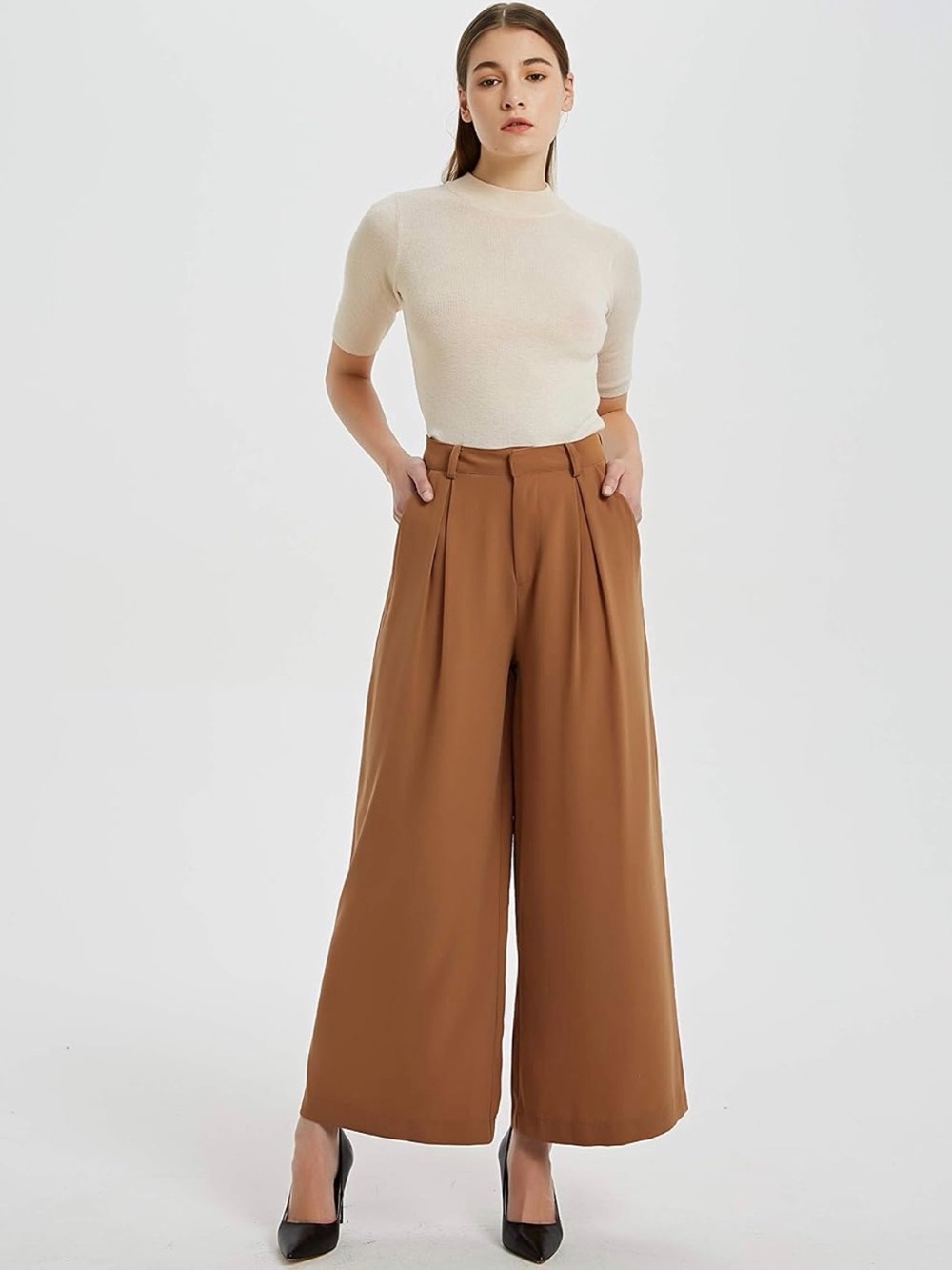 Stretch waist wide leg trousers